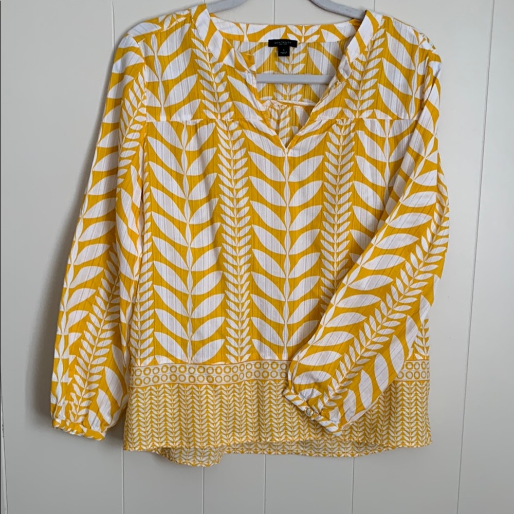 Ann Taylor Yellow and White Leaf Print Blouse